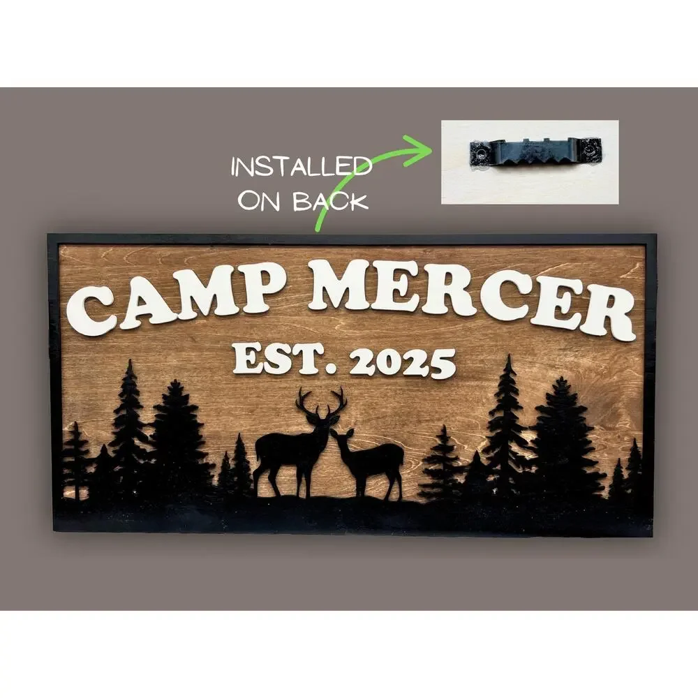 Custom Camp Sign Deer & Trees Personalized Cabin Lake House River Hunting Decor